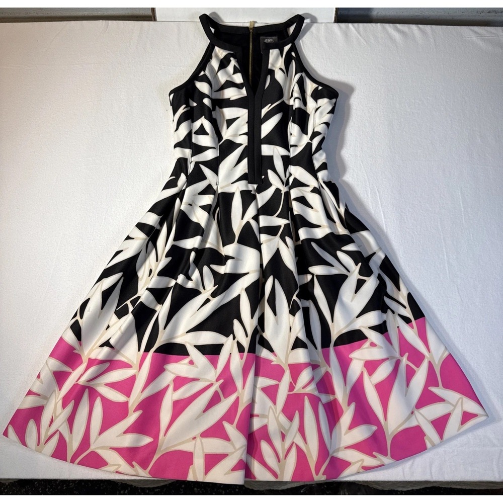 Vince Camuto Bamboo Leaf Plunge V Halter Dress Size 0 Black White Fuchsia Border